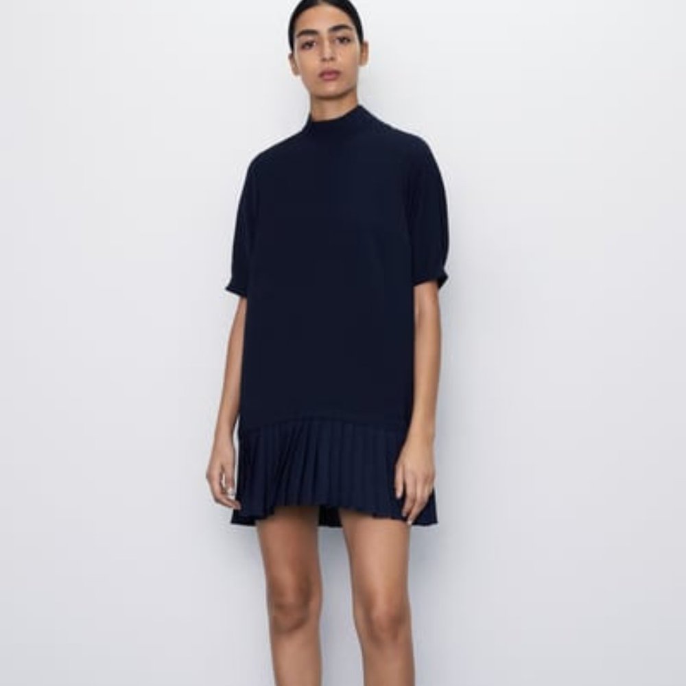 NWT Zara Pleated Hem Navy Dress